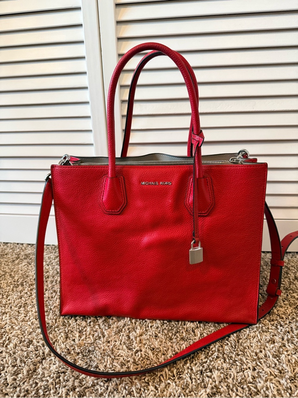 Michael Kors Bright Red Pebbled Leather Tote with Lock Charm